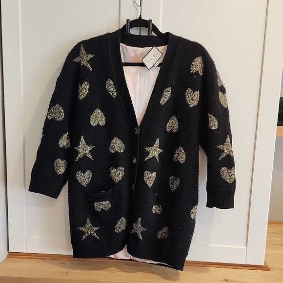 Gucci Jackets & Blazers - GUCCI - Authentic Black Knit Cardigan Jacket with Gold Heart and Star Accents
